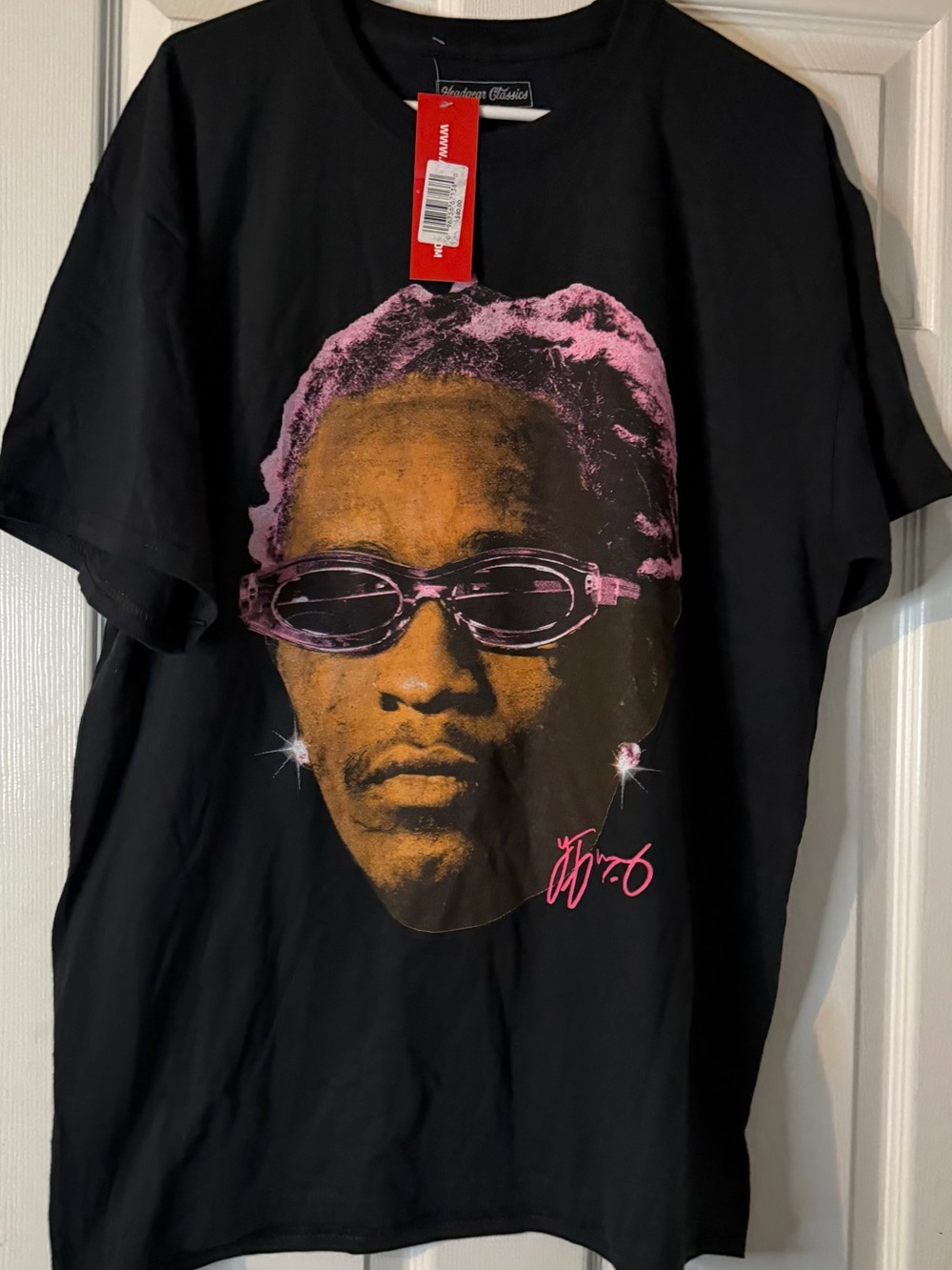 Thugga Black Graphic Tee with Pink and Gold Portrait Print